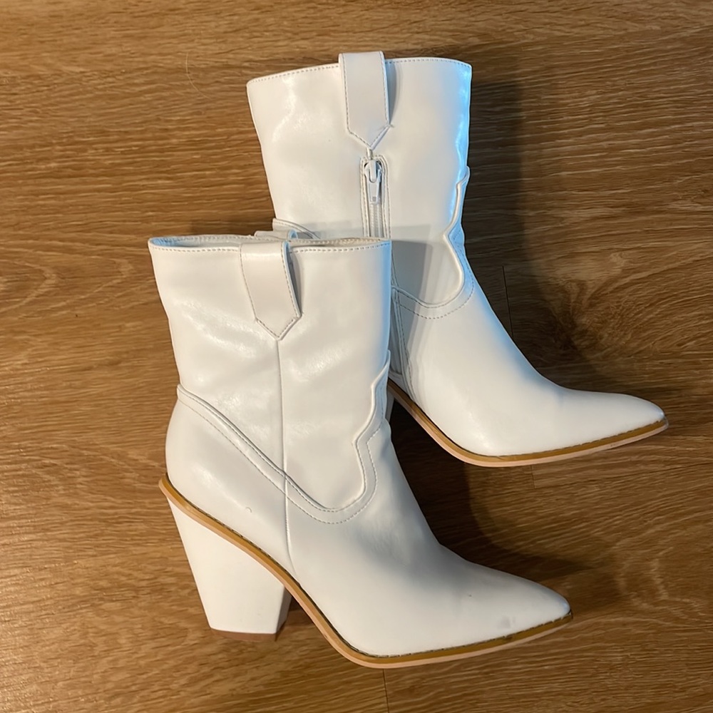White pointed toe mid calf booties
